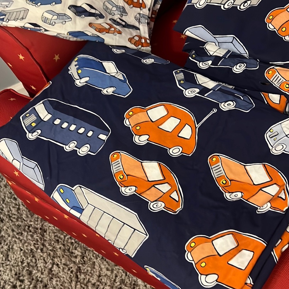 Pottery Barn Kids Organic Cotton CARS Twin Duvet Cover NAVY ORANGE Gently Used